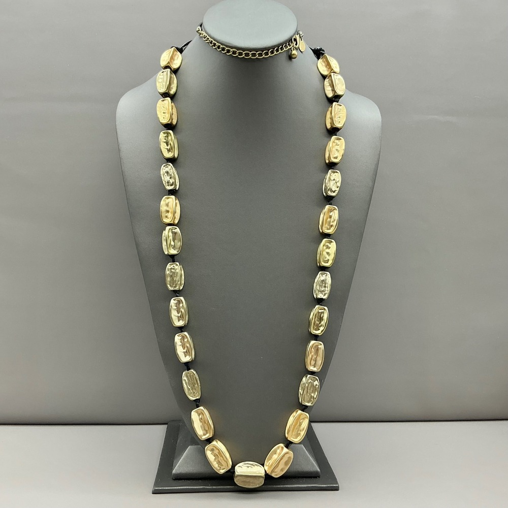Chico's Necklace Women Gold Black Hammered Metal Bead Cord Adjustable Long Boho